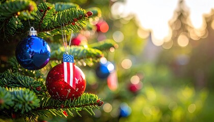 Obraz premium Close-up of a Christmas tree branch with a patriotic American flag ornament and blue bauble.