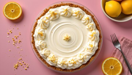 Lush Lemon Meringue Pie placed in the center bottom corner on a pastel pink background, in a modern food photography style, with electric vibrancy, spacious layout, high resolution