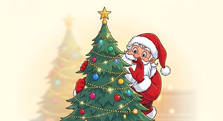Santa Claus peeks from behind a Christmas tree, a festive scene radiating holiday magic and cheer.