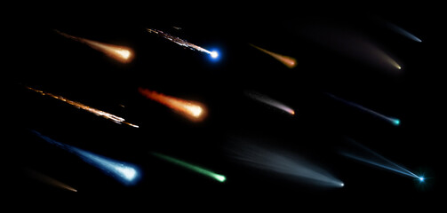 Collection of meteorites, asteroids, comets, meteors, comet tail isolated on a black background.  Elements of this image furnished by NASA.