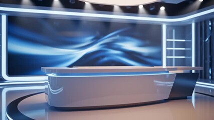 Modern News Studio Set Design with Blue Lighting.