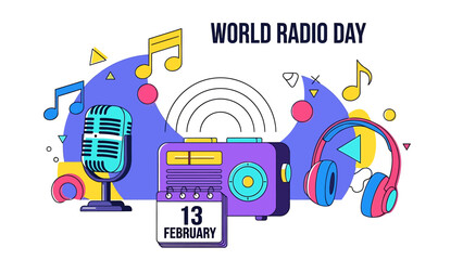 Vibrant illustration celebrating world radio day with retro radio and microphone