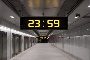 A modern, empty subway platform at 23:59, featuring a prominent digital clock and sleek, illuminated architecture.