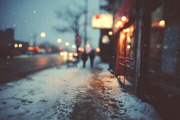 An atmospheric urban street scene at night during winter, featuring soft bokeh lights, blurred figures, and falling snow.