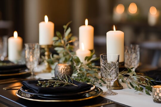 An elegant and sophisticated table setting featuring black and gold plates, crystal glasses, and warm candlelight, perfect for a festive dinner.