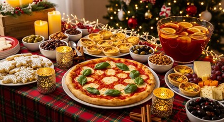 Fototapeta premium Festive holiday party food spread featuring pizza, appetizers, punch, and Christmas decorations
