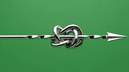 Closeup of a shiny metal cocktail swizzle stick with a complex knot design against a solid green background