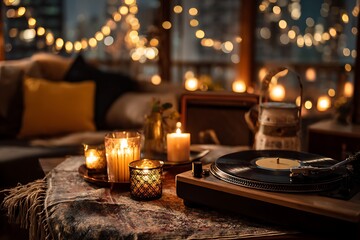 A cozy evening scene featuring a vintage turntable, glowing candles, and warm bokeh lights creating a relaxing ambiance.