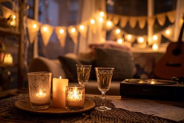 A cozy and intimate evening scene with warm candlelight, string lights, drinks, music, and a relaxed atmosphere.