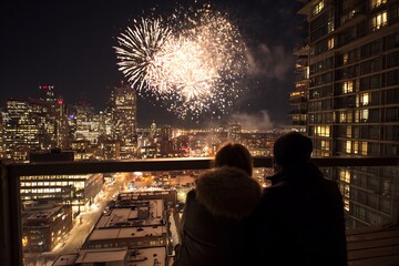 A couple watches a spectacular fireworks display over a vibrant city skyline on a snowy winter night from a balcony.