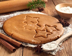 Gingerbread dough with star-shaped cookie cutters and spices.
