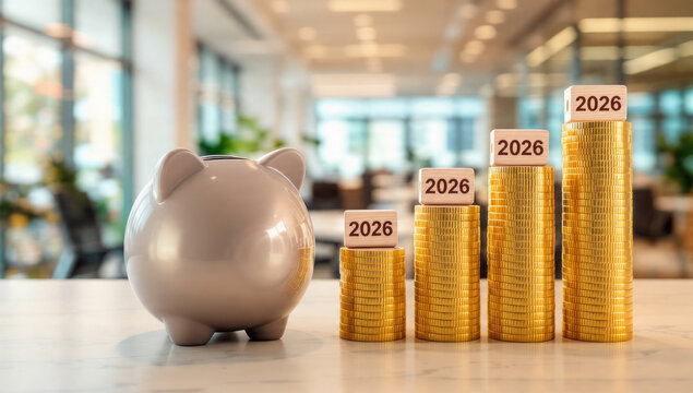 Piggy bank and increasing gold coin stacks with "2026" blocks represent financial planning, investment growth, and future savings goals. - Powered by Adobe