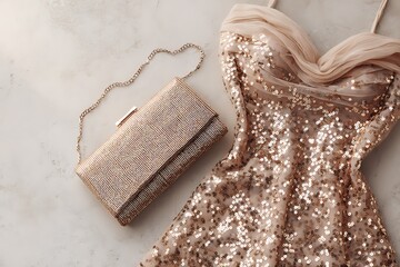 Elegant rose gold sequined dress and matching clutch bag for a glamorous evening or special occasion.
