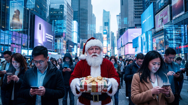 Santa Claus Standing in Crowd of People Addicted to Smartphones in Busy City Street
