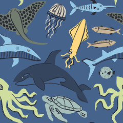 Sea life seamless pattern with underwater animals and fish