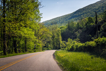 Lyndhurst, Virginia rural street winding road through mountains near Sherando Lake with nobody in appalachia spring summer
