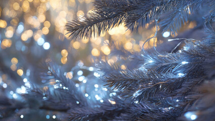 Close-up of frosted evergreen branches adorned with twinkling cool white fairy lights against a blurred backdrop of warm golden bokeh.
