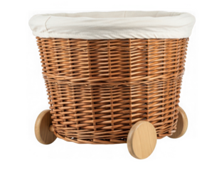 Charming rolling wicker basket with liner for laundry or toys adds rustic elegance isolated on a transparent background