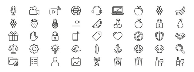 Collection of black outline icons on white background vector 1