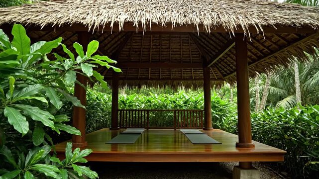 Open wooden pavilion with thatched roof and yoga mats on wooden floor surrounded by lush tropical plants creating peaceful outdoor space for meditation and relaxation in natural retreat