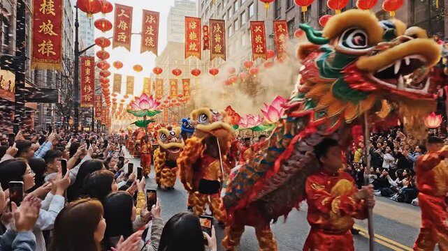 Celebration parade with dragon dance and lanterns in city street