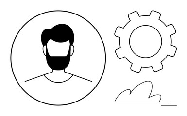 Male avatar in circular frame alongside large gear outline and small cloud element. Ideal for user profile, digital identity, preferences, customization, teamwork, technology, and minimal flat