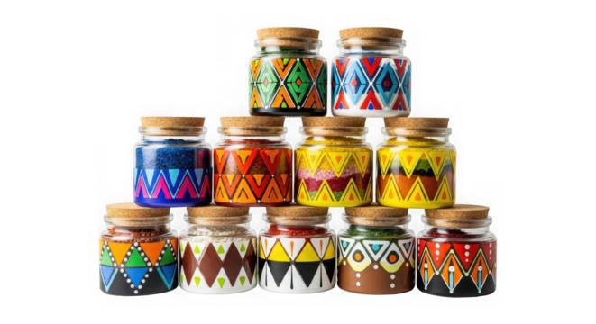 Vibrant geometric jars filled with colorful layered spices create stunning cultural decor isolated on a transparent background