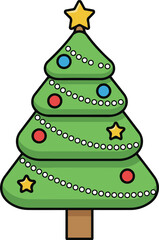 A charming cartoon Christmas tree, simply adorned with colorful baubles, string lights, and a classic yellow star on top.