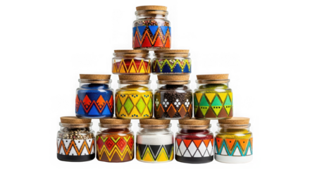 Artistic spice jars create a colorful display, perfect for home decor and creative ideas isolated on a transparent background