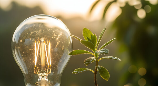 Sustainable energy concept: Light bulb and plant symbolizing clean, eco-friendly power
