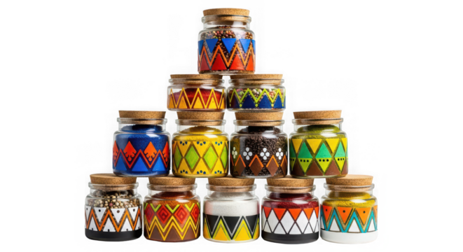 Artistic spice jars create a colorful display, perfect for home decor and creative ideas isolated on a transparent background