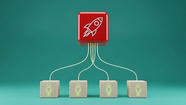 Conceptual visualization of a business startup process connecting team members to a central launch objective represented by a rocket