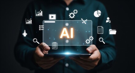 Artificial Intelligence concept displayed on a mobile phone with business data management icons