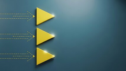 Three bright yellow 3d arrows pointing right with dotted lines indicating movement against a dark blue background