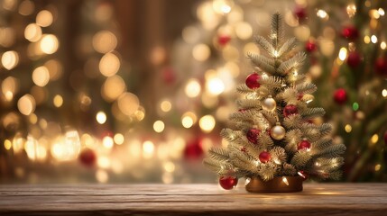 Cozy Christmas background with softly glowing decorated fir tree, warm fairy lights, red and gold ornaments, gentle blur for dreamy atmosphere