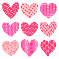 Delightful clipart of different textured hearts in flat style. Perfect trendy elements for Valentine&rsquo;s Day designs, love graphics, stickers, pins, greeting cards, romantic decorations, and backgrounds