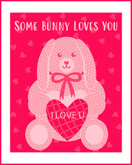 Cute greeting card featuring a plush bunny holding a heart and the phrase "Some bunny loves you". Trendy card design perfect for love greetings, romantic messages, and Valentine's cards.