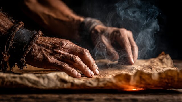 Mysterious hands study ancient parchment, evoking secrets and forgotten lore in smoky darkness
