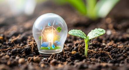 Sustainable energy concept: Light bulb with wind turbines and solar panels alongside a seedling