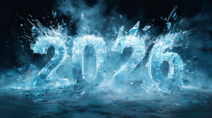 砕け散る氷の2026年の文字、激しい爆発と青いクリスタルの破片の背景