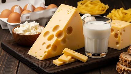 Delicious dairy products including cheese, milk, eggs, and cottage cheese on a wooden board