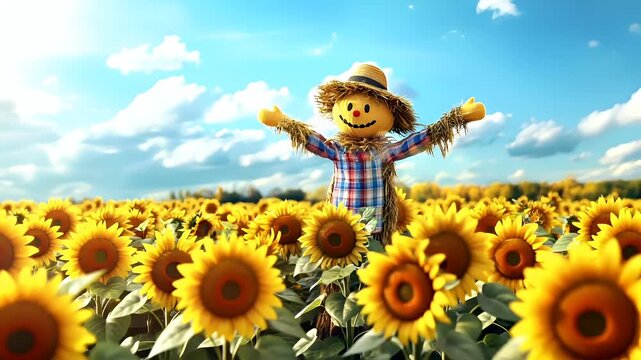 A vivid sunflower field with a scarecrow in the middle, set against a clear blue sky. The sunflowers are in full bloom.