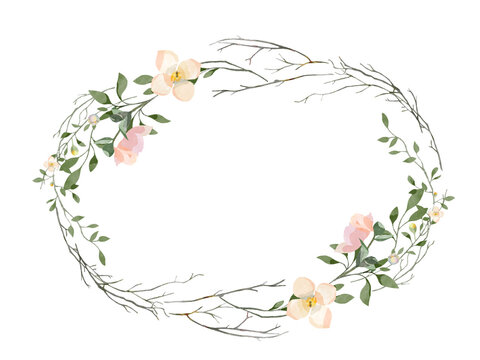 Floral Oval Watercolour Wedding Frame with Branches Transparent flowers jasmine leaves branch illustration engagement prom spring party event flower buds budding blush pink green elegant invitation