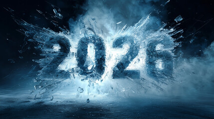 砕け散る氷の2026年の文字、激しい爆発と青いクリスタルの破片の背景