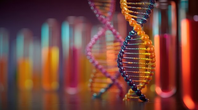 DNA Double Helix with Colorful Test Tubes Background
