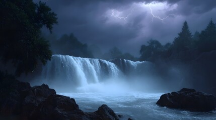 A powerful waterfall cascades under a dramatic stormy night sky illuminated by lightning