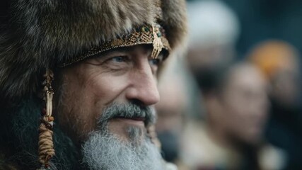 Bearded man in a fur hat with an ornate headband, looking to the side with a calm, thoughtful expression.