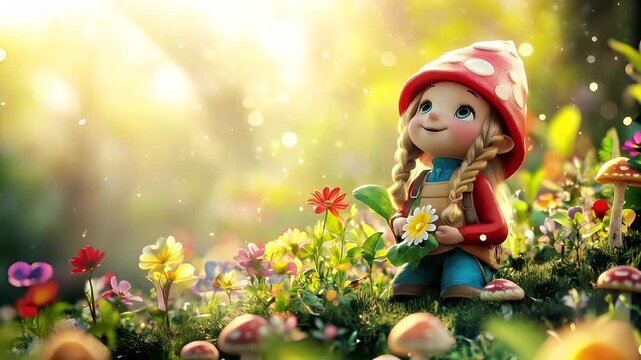 A whimsical, fantasythemed digital artwork featuring a young girl with a mushroom hat and a green frog.