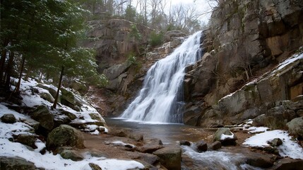 Majestic waterfall cascades down rugged snow dusted rocks and cliffs surrounded by a serene winter forest landscape