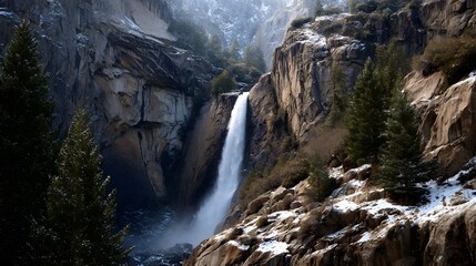 A powerful waterfall plunges down a rugged snow dusted cliff face surrounded by evergreen trees in a serene winter landscape